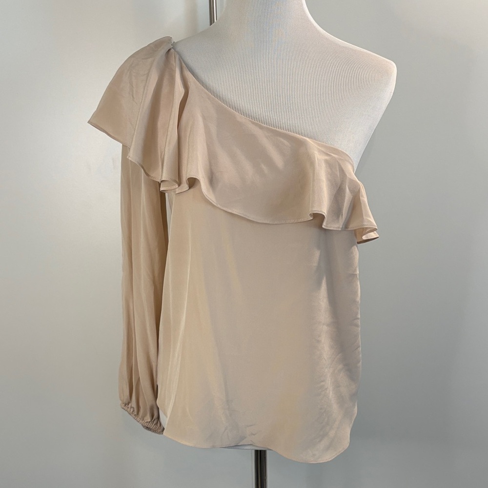 Amanda Uprichard One-Shoulder Ruffle Blouse in Creamy Pale Pink Silk